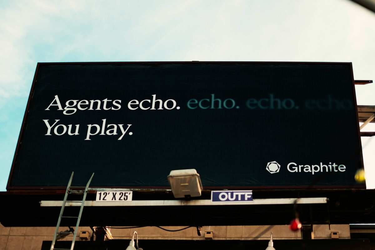 Billboard with the text Agents echo. You play. against a pale sky
